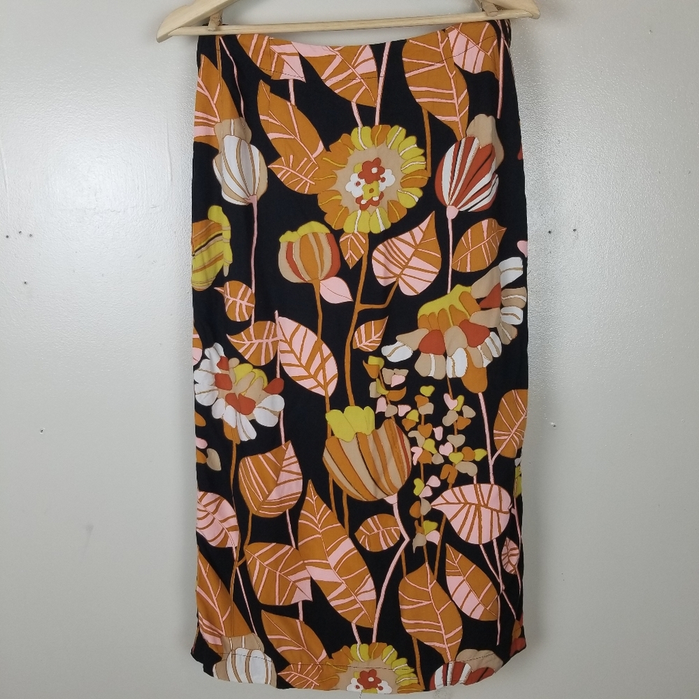 FREE PEOPLE Bali Orange Sunrise 100% Rayon Midi Skirt Floral Zip Leg Slit US 8 - Picture 9 of 12